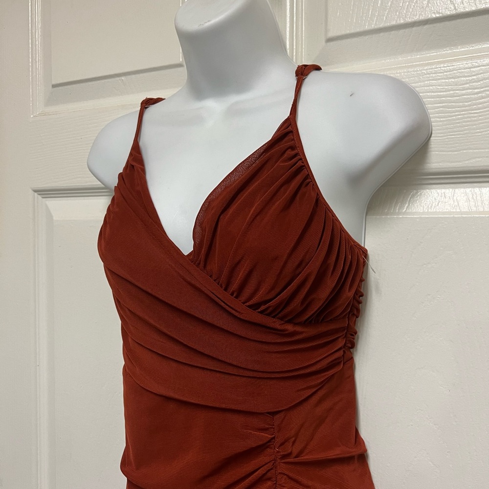 Spring Haze Rust Sheer Ruched Asymmetrical Maxi Dress - Picture 5 of 12